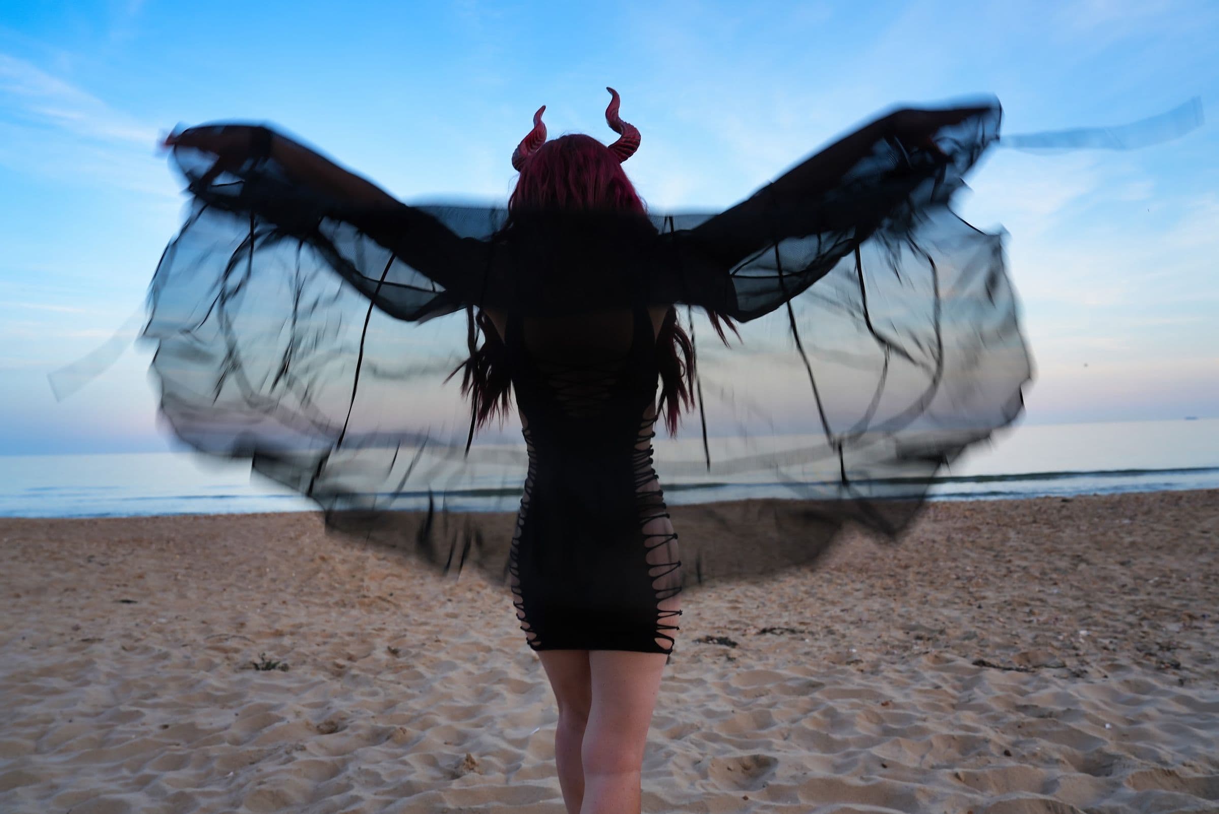 A horned figure seen from behind, a sheer black veil billowing out like wings against a pale sky